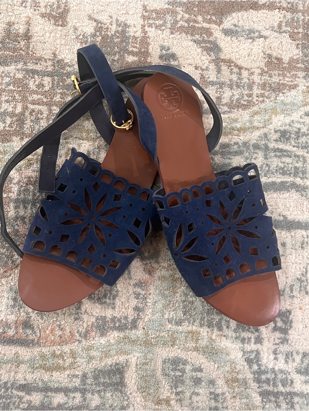 Tory Burch Navy Suede Laser-Cut Slide Sandals with Ankle Strap - Picture 4 of 6